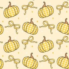 Coquette Girly Halloween Orange Pumpkin Seamless Pattern, Spooky Cute Autumn Gingham with Ribbon Bow Repeat Background.