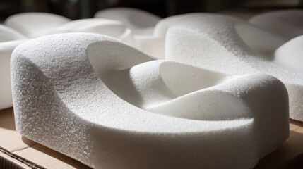 Curved white foam shapes arranged on a surface displaying smooth textures and interesting contours under natural light highlighting the details of the material.