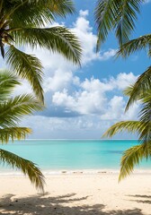 Obraz premium Picture yourself unwinding on this pristine tropical beach with turquoise waters and swaying palm trees, perfect for travel and vacation ads