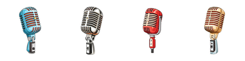 Fototapeta premium Vintage Microphone Collection: Retro Broadcasting and Music Icon Set