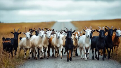 Herd of goats blocks the road on a cloudy day in the countryside, a herd of goats stands on the road in the middle of the field