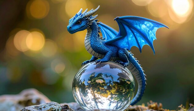 Blue dragon figurine perched atop reflective glass orb&mdash;wings spread, fierce gaze&mdash;set against glowing bokeh and blurred greenery&mdash;evokes crafted mysticism, symbolic guardianship, and the rhythm of fanta