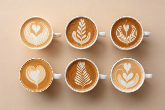 Top view of six latte art designs in white coffee cups arranged on a pastel background for barista training or cafe menu. - Powered by Adobe