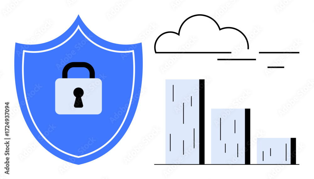 Aufkleber blue shield with lock symbolizing data security, bar chart indicating analytics, and cloud suggestin