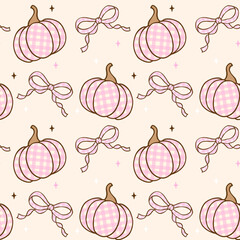 Coquette Girly Halloween Pink Pumpkin Seamless Pattern, Spooky Cute Autumn Gingham with Ribbon Bow Repeat Background.