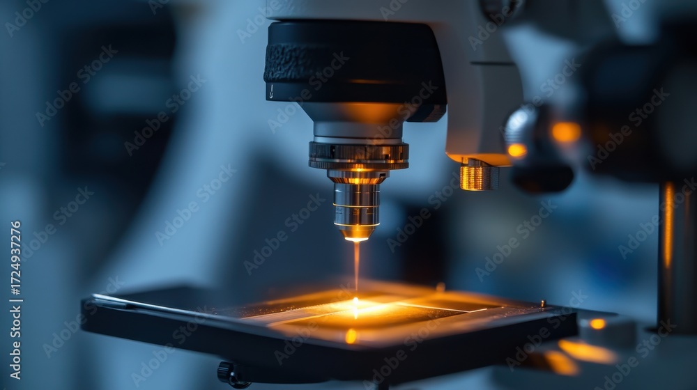 Poster advanced microscope in use showing precision light beam on specimen slide in laboratory setting