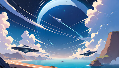 Gateway to the cosmos as futuristic vessels launch from a serene coastal haven on an otherworldly planet