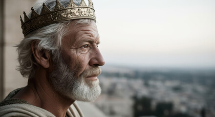 Obraz premium An elderly King David, crowned and weary, reflects on his life and legacy. A powerful biblical portrait of a ruler's final contemplation.