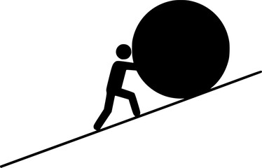 a figure pushing a large ball up a hill, simple black and white design, vector illustration
