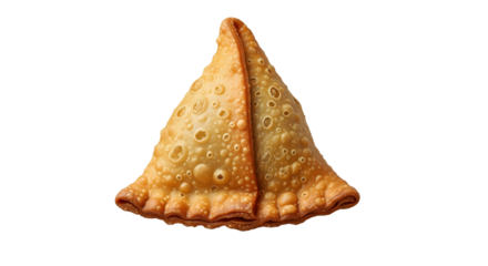 Single samosa, isolated on white background, candid and expressive display capturing authentic Indian snack and confident culinary presentation. Ideal for food blogs, street food content, and lifestyl
