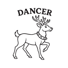 Vector drawing of Santa Claus’s reindeer Dancer, illustrated in black and white style with strong black outlines, suitable for holiday decoration or artwork.