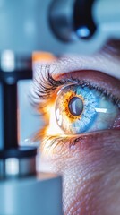 Eye examination showing detailed view of iris during vision test in an optometrist's office
