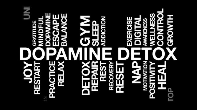 Dopamine detox concept Animated Tag Word Cloud kinetic typography, Text Design Animation typography seamless loop video motion graphics Intro Wordart mental health white type on black background bg