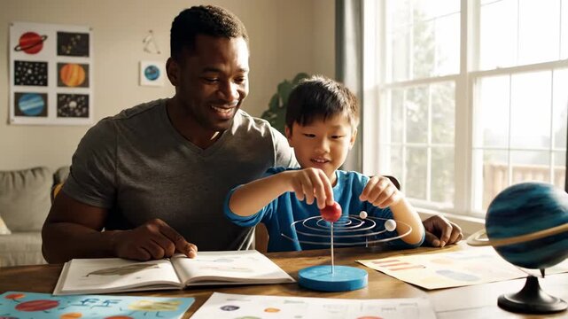 Parent helping child build solar system model living room cinematic handheld homeschooling lifestyle stock video. guardian assisting kid construct cosmos replica home filmic portable