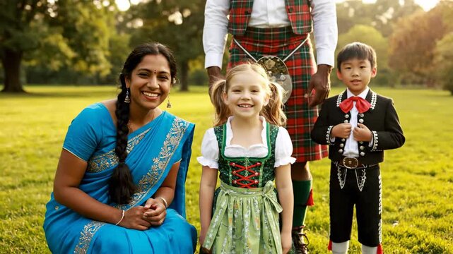 Parents children wearing outfits different cultures cinematic handheld multicultural lifestyle stock video. family diverse attire global heritage handheld film varied ethnic
