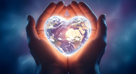 Loving hands holding a glowing heart shaped Earth a symbol of care and protection.