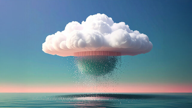 An abstract cloud hangs over an ocean and drops particles. The image captures concepts of creativity, design, and nature in a dreamlike style. - Powered by Adobe
