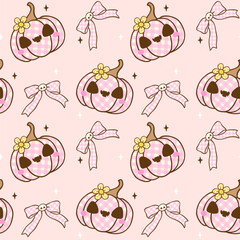 Coquette Girly Halloween Pumpkin Jack O Lantern Seamless Pattern, Spooky Cute Pink Autumn Pumpkin Gingham with Ribbon Bow Repeat Background.