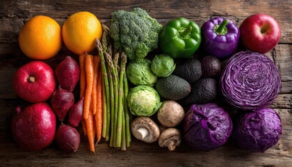 Colorful array of fresh produce on rustic wood