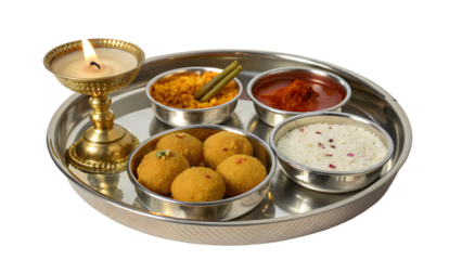 Indian Naivedya / Pooja Thali on transparent background, candid and expressive display capturing authentic devotional offerings, vibrant colors, and confident ritual presentation. Ideal for religious,