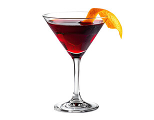 A vibrant red cocktail in a martini glass, garnished with an orange peel