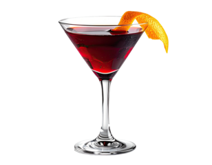 A vibrant red cocktail in a martini glass, garnished with an orange peel