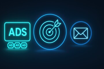 Neon digital ads and targeting icons glowing in dark interface for futuristic marketing display
