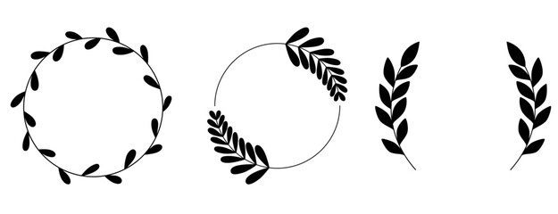 Set Floral Wreath with leaves and berries, laurel wreath design elements, Hand drawn simple For wedding invitations, greeting cards, floral isolated on white background.