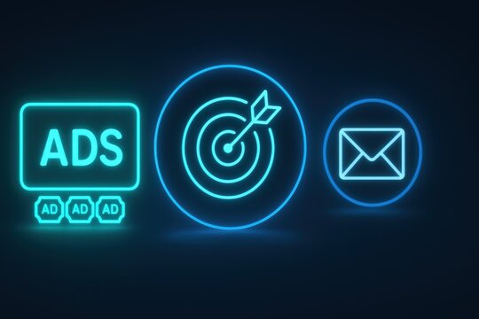 Neon digital ads and targeting icons glowing in dark interface for futuristic marketing display
 - Powered by Adobe