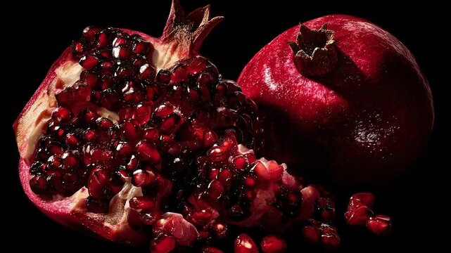 A pomegranate cut open, revealing bright red arils spilling out.