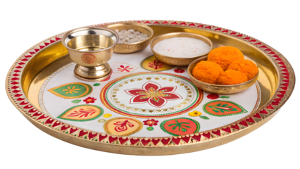 Pooja Thali with diyas and flowers, isolated on transparent background, candid and vibrant display capturing authentic festive offerings and devotional rituals. Ideal for religious, cultural, and life
