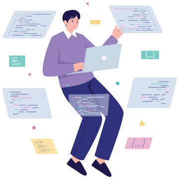Virtual Work Illustration. Vector illustration of Developer typing on a laptop with floating code snippets, showing modern cloud programming. Isolated on background