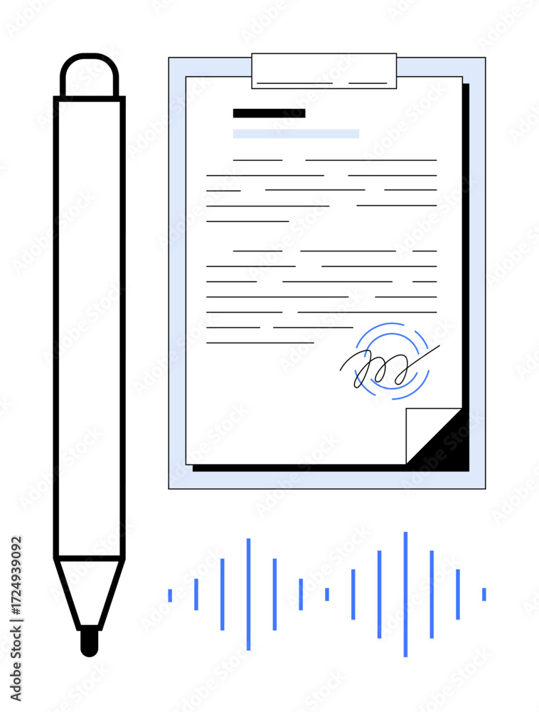 Aufkleber pen, signed document with audio waveforms representing digital signatures, authentication, and techn