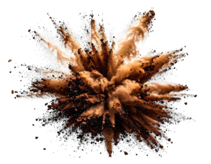 Exploding brown and white powder in a vibrant burst