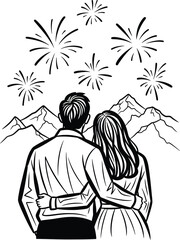 Couple watching fireworks over mountains embracing in a romantic moment on transparent background