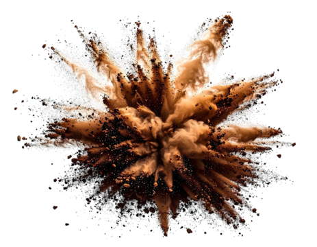 Exploding brown and white powder in a vibrant burst