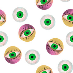 Eyes in watercolor and colored pencils. Seamless eyeball pattern