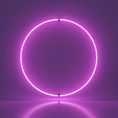 Glowing neon circle on a purple wall, casting a soft reflection on the floor, creating a modern and vibrant atmosphere