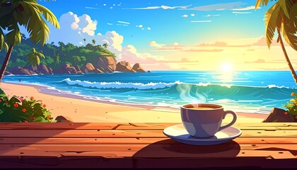 Tropical beach sunrise with coffee