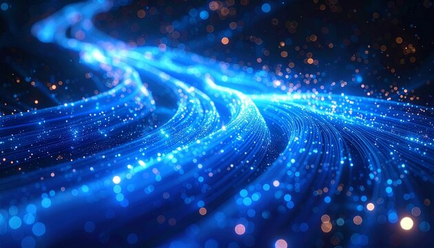 Close-up of glowing blue fiber optic strands—radiating light points and motion trails on dark backdrop—evokes crafted speed, symbolic transmission, and the rhythm of data, light, and digital flow. - Powered by Adobe