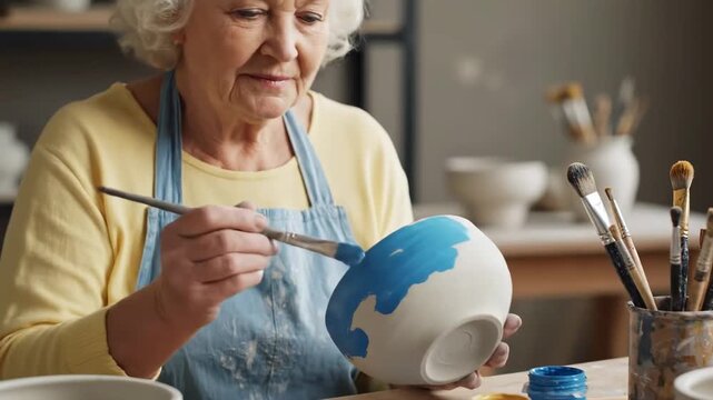 Senior woman painting pottery creative therapy session cinematic handheld active aging lifestyle stock video. aged female ceramic artwork rehab artistic senior handheld footage
