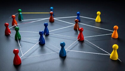 Multicolored pawns connected by white strings on dark surface—circular web-like arrangement—evokes crafted connection, symbolic community, and the rhythm of networks, diversity, and shared structure.