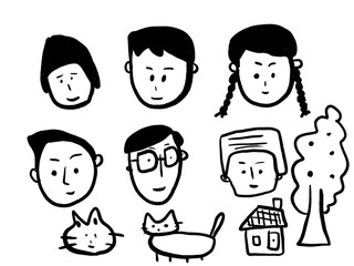 手描きの似顔絵、動物、猫、犬、家、木