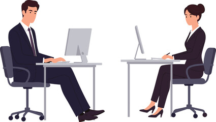 Business professionals working at desks in modern office setting, corporate attire, productivity, teamwork, workplace communication, desktop computers, formal environment