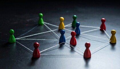 Multicolored pawns connected by white strings on dark surface—circular web-like arrangement—evokes crafted connection, symbolic community, and the rhythm of networks, diversity, and shared structure.