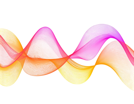 Abstract wavy ribbons of vibrant, translucent colors, orange, yellow, pink, and magenta, flowing over a black background