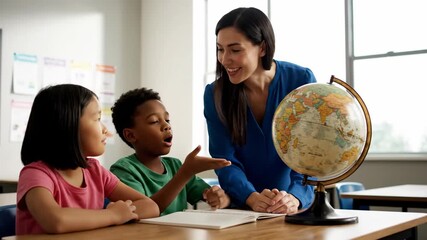 Teacher pointing globe while children learn geography cinematic premium education atmosphere. educator guiding pupil world map scholastic instruction refined learning environment. - Powered by Adobe