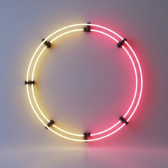 Illuminated neon circle with yellow and red light casting a glow on the background and floor surface