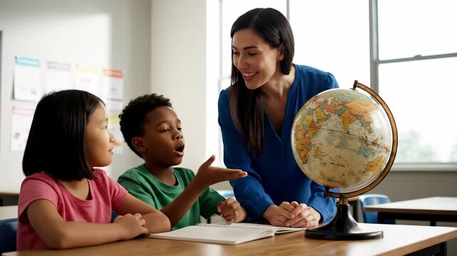 Teacher pointing globe while children learn geography cinematic premium education atmosphere. educator guiding pupil world map scholastic instruction refined learning environment. - Powered by Adobe