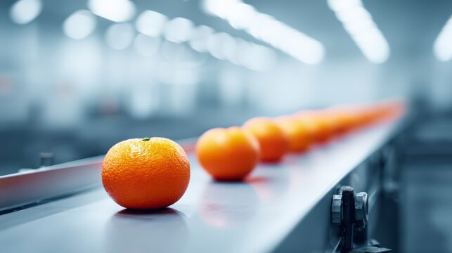 Orange Conveyor Belt: A vibrant display of ripe oranges moves along an industrial conveyor belt, highlighting the efficiency and scale of modern fruit processing.